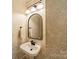 Stylish powder room featuring a pedestal sink, unique mirror, and leaf-patterned wallpaper at 13358 Bally Bunnion Way, Davidson, NC 28036