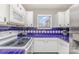 Well-lit kitchen with white cabinetry, blue tile backsplash, and modern appliances at 9035 J M Keynes Dr # 33, Charlotte, NC 28262