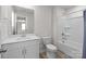 Bathroom with single vanity, toilet, and shower/tub combination at 2116 Belterra Dr, Charlotte, NC 28216