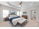 Calm, spacious bedroom featuring a tray ceiling, plush bedding, and a glimpse into the ensuite bathroom at 3017 Woodlands Creek Dr, Monroe, NC 28110