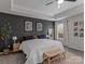 Modern bedroom featuring dark accent wall, white ceiling, and light colored furniture at 5056 Blue Serenity Ct, Denver, NC 28037