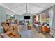 Open-concept living room with vaulted ceilings, fireplace, large windows, and stylish, comfortable furnishings at 5064 Lynwood Rd, Sherrills Ford, NC 28673