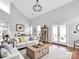 Airy living room featuring high ceilings, neutral tones, hardwood floors, and access to an outdoor space at 6200 Summertree Ln, Charlotte, NC 28226