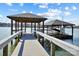 A tranquil waterfront home featuring a beautiful dock with covered seating and a boat lift for convenient lake access at 6403 Amos Smith Rd, Charlotte, NC 28214