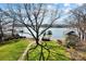 Scenic waterfront view with private docks and a well-manicured lawn leading to the water's edge at 6403 Amos Smith Rd, Charlotte, NC 28214
