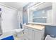 Bathroom featuring blue walls, a shower-tub combo, and a white vanity with a framed mirror at 11416 Leadenhall Ln # 22, Charlotte, NC 28262