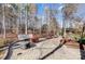 Backyard paver patio with seating area, trees, mulch beds, and lighting at 215 Wesley Manor Dr, Matthews, NC 28104