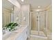 Bathroom with double sinks, a large mirror, and a glass-enclosed walk-in shower at 2610 Greenmarket Dr, Charlotte, NC 28217