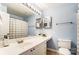 Well-lit bathroom featuring a large mirror with vanity lights, with sleek fixtures and blue wall color at 1224 Green Oaks Ln # I, Charlotte, NC 28205