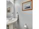 Cozy powder room with pedestal sink, decorative mirror, and framed art at 19009 Coachmans Trce, Cornelius, NC 28031