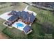 Aerial view of a sprawling estate with lush landscaping, a pool, and a circular driveway at 3200 Beaty Rd, Gastonia, NC 28056