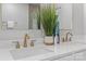Elegant bathroom with double vanity, quartz countertop, stylish fixtures, and green plant at 3328 Flamingo Ave, Charlotte, NC 28205