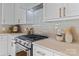 Kitchen showcases stainless steel gas range, stylish backsplash, quartz countertops, and modern gold hardware on cabinets at 3328 Flamingo Ave, Charlotte, NC 28205