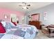 Cozy bedroom featuring soft carpet, a quilt-covered bed, and pink and gray walls at 11124 Chapeclane Rd, Charlotte, NC 28278
