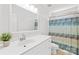 Bright bathroom featuring a white vanity, large mirror, and shower with patterned curtain at 12228 Plover Dr, Charlotte, NC 28269