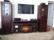 Cozy living room featuring an electric fireplace, TV, and built-in display cabinets at 17436 Langston Dr, Charlotte, NC 28278