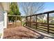 View of spacious wooden deck, with wood railings and partially fenced backyard with mature trees in background at 1730 Townsend Ln, Rock Hill, SC 29730