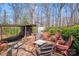 Relaxing backyard space with shaded seating area, wooden shed, and mature landscaping at 2324 Chestnut Ln, Matthews, NC 28104