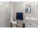 Clean bathroom with white subway tile in shower and modern vanity with a matching mirror at 468 Wilhelm Ne Pl, Concord, NC 28025