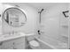 Well-lit bathroom featuring modern fixtures, white vanity, toilet, and a shower-tub combination at 5015 Forestmont Dr, Matthews, NC 28105