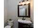 Cozy half bathroom features a unique dark-wood vanity and a decorative framed mirror above the sink at 303 Basswood Ct, Clover, SC 29710
