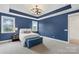 Spacious bedroom with a blue accent wall, soft carpet, and elegant lighting at 3045 Bronwood Pl, Lancaster, SC 29720