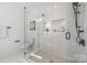Contemporary bathroom featuring a glass-enclosed shower, elegant tilework, and modern fixtures at 3953 Plainview Rd, Charlotte, NC 28208