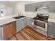 Modern kitchen with stainless steel appliances, sleek gray cabinets, and quartz countertops at 8813 Gerren Ct, Charlotte, NC 28217