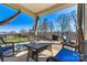 Covered patio with outdoor furniture, a grill, and views of the landscaped backyard at 3193 Burnello Ct, Iron Station, NC 28080