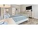 A modern main bedroom suite with blue accents, hardwood floors, and neutral walls at 3193 Burnello Ct, Iron Station, NC 28080