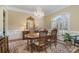 Charming dining room featuring an elegant chandelier, wainscoting, and natural light at 4421 Windwood Cir, Charlotte, NC 28226