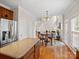 Open kitchen area featuring an island with a granite countertop, wooden cabinets, stainless steel appliances, and a dining area at 821 Lynnwood Farms Dr, Fort Mill, SC 29715