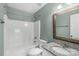 Clean bathroom with a shower-tub combo, granite vanity, and modern fixtures at 8421 Kings Creek Dr, Charlotte, NC 28273