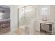 Bathroom featuring glass shower, vanity with drawers, and neutral color scheme at 22014 Finworthy Ln, Huntersville, NC 28078