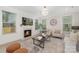 Cozy living room featuring a fireplace, large windows, comfortable seating, and stylish decor at 109 Seldon Dr, Charlotte, NC 28216