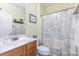This bathroom features a sink with wood cabinets, toilet, and shower with curtain at 14014 Acorn Creek Ln, Charlotte, NC 28269