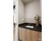 Modern powder room with wood cabinets, a black countertop and a vessel sink at 5500 Carmel Rd # 103, Charlotte, NC 28226
