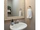 Small bathroom showcasing a decorative mirror, pedestal sink, and towel holder, with neutral-toned walls at 7456 Hartsfield Dr, Lancaster, SC 29720