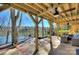 Inviting outdoor space with ceiling fans, brick, lake view and comfortable seating at 7611 Buckland Rd, Charlotte, NC 28278