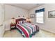 Bedroom with bed featuring red, white, and blue patterned bedding, and windows with blinds at 306 Ashby Dr, Davidson, NC 28036
