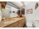 Well-maintained bathroom featuring a sink with cabinets, mirror, and a white toilet at 32 Fairway Rdg, Lake Wylie, SC 29710