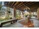Spacious covered back porch with outdoor dining furniture and woodland views at 32 Fairway Rdg, Lake Wylie, SC 29710