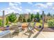 Backyard patio with a fire pit, chairs, string lights, landscaping and a lawn in a fenced yard at 1037 Delridge St, Waxhaw, NC 28173