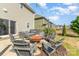 Backyard patio area with fire pit, seating, string lights and view of the back of the home at 1037 Delridge St, Waxhaw, NC 28173