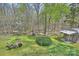 View of the backyard featuring a wooded landscape, fire pit and shed with a covered porch at 2819 Blythe Rd, Waxhaw, NC 28173