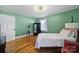 Inviting bedroom with green walls, hardwood floors, and two windows for natural light at 6823 City View Dr, Charlotte, NC 28212