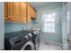 Modern laundry room with wooden cabinets, designer backsplash and state-of-the-art Samsung washer and dryer at 3516 Araglin Dr, Gastonia, NC 28056