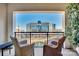 Relaxing balcony with comfortable seating and view of the impressive corporate building at 4620 Piedmont Row Dr # 605, Charlotte, NC 28210