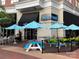Casual outdoor seating area with colorful umbrellas and picnic tables outside the restaurant at 4620 Piedmont Row Dr # 605, Charlotte, NC 28210