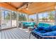 A covered patio features wood ceiling, comfortable seating, and views of a private backyard surrounded by trees at 4858 Sagittarius Cir, Denver, NC 28037